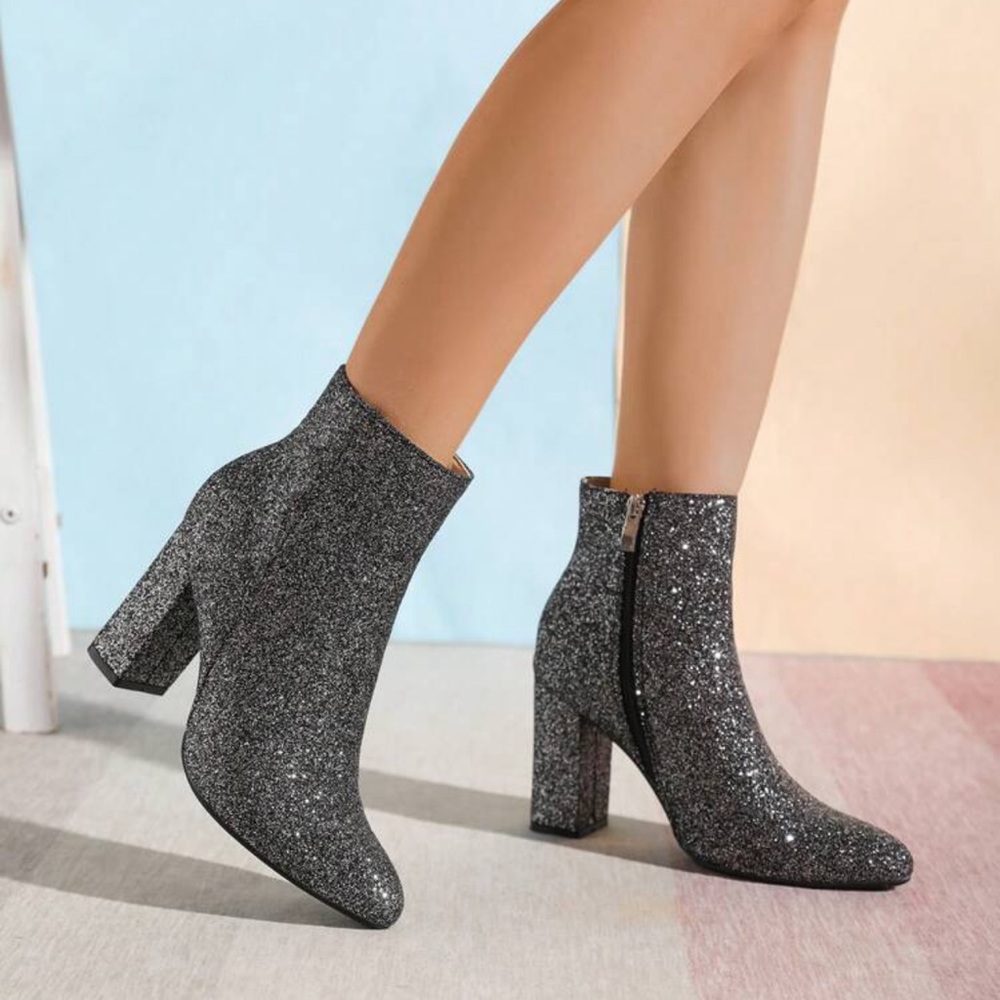Shiny Party Fashion Chunky Heel Ankle High Heel Boots